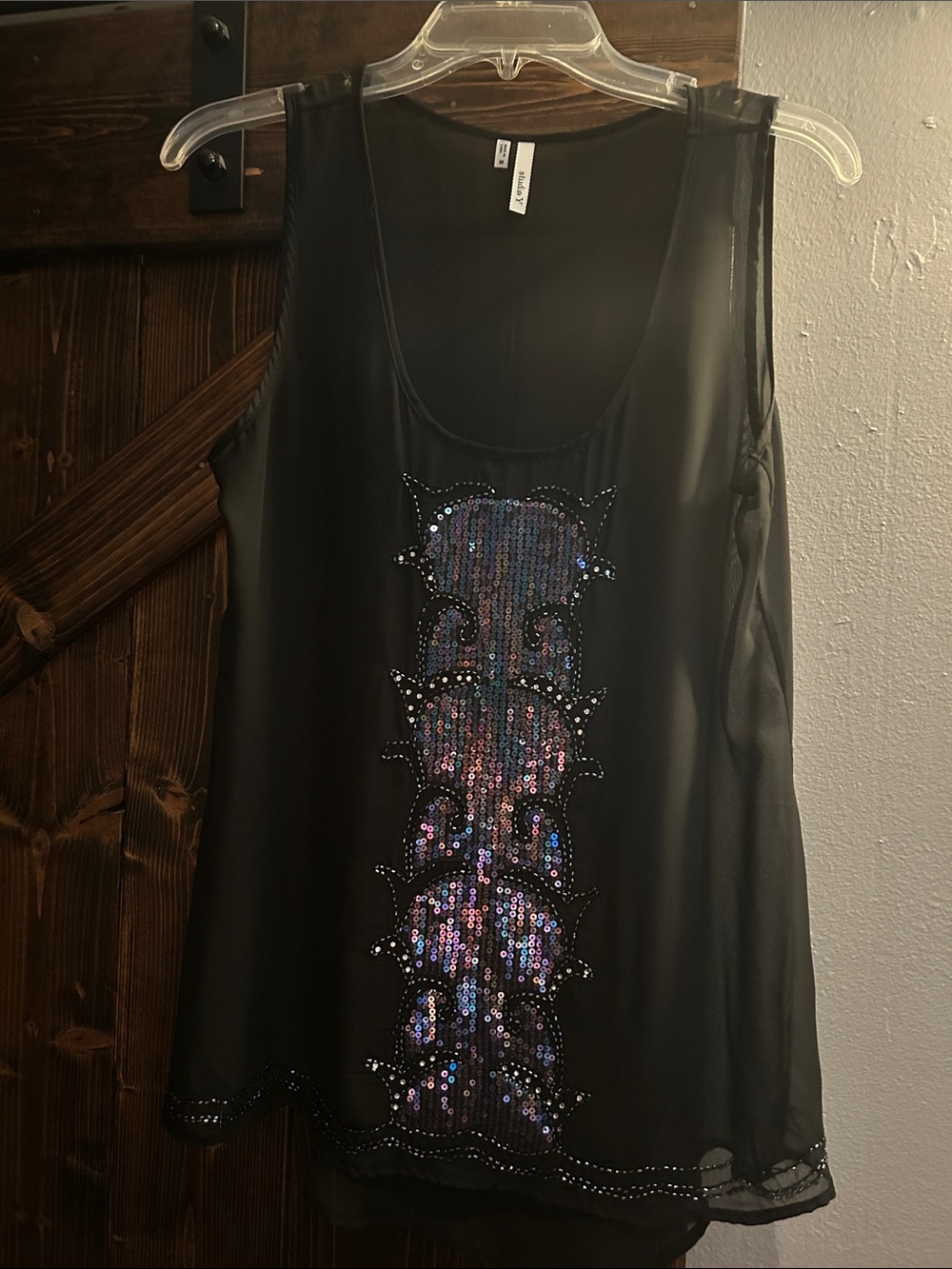 Studio Y Black Sheer Tank Top with Iridescent Sequin Front